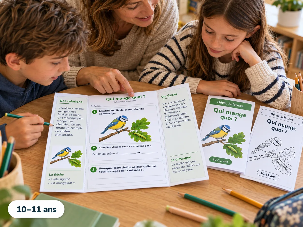 Scène illustrative : des enfants raisonnent sur une chaîne alimentaire.