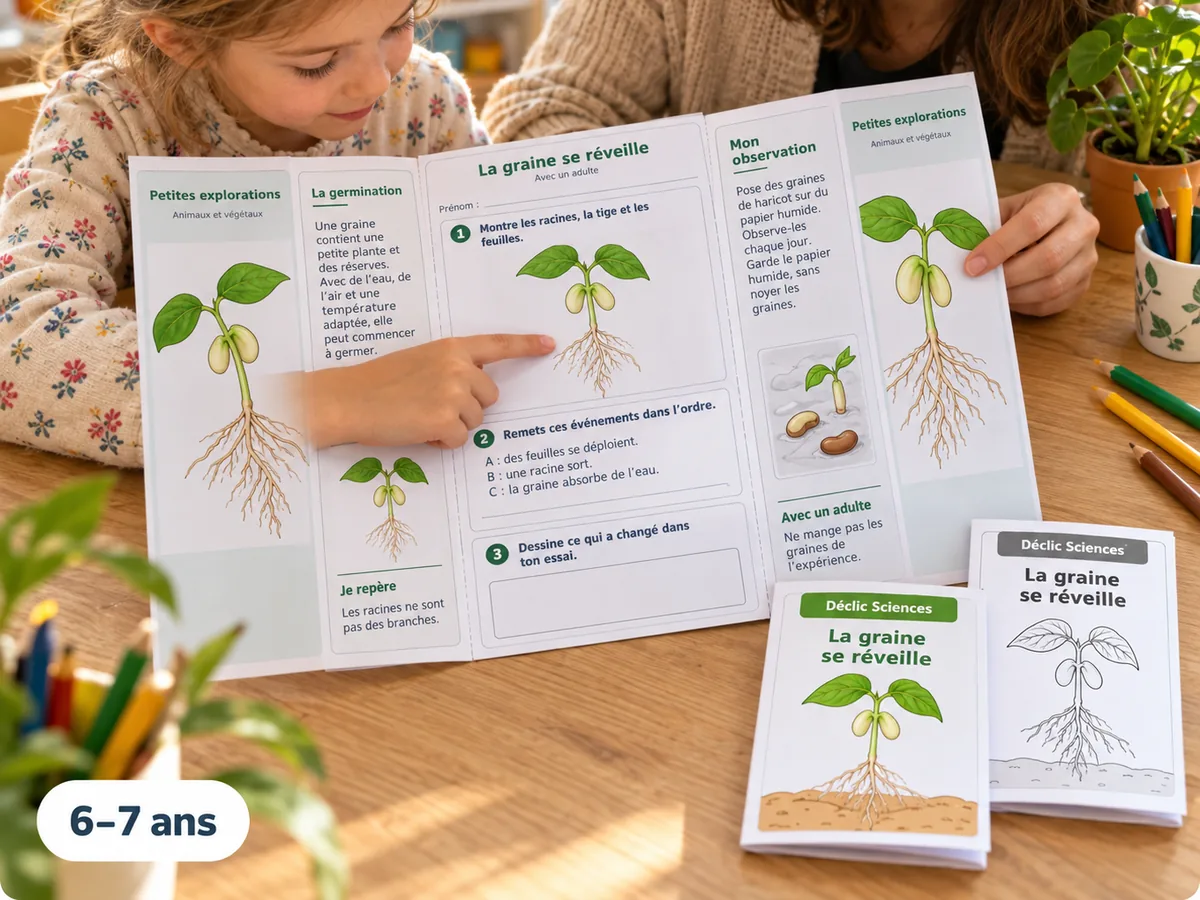 Scène illustrative : un enfant observe la germination à l’aide d’une fiche.