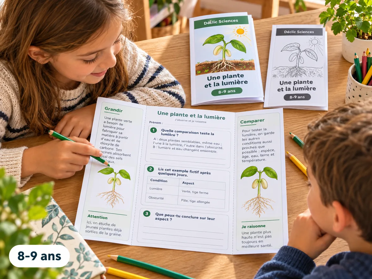 Scène illustrative : des enfants comparent les conditions de croissance d’une plante.