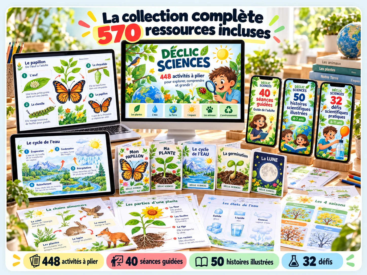 La collection complète Déclic Sciences : 448 fiches, 40 séances guidées, 50 histoires et 32 défis.