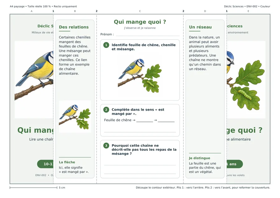 Qui mange quoi ?, fiche dépliée, en couleur.