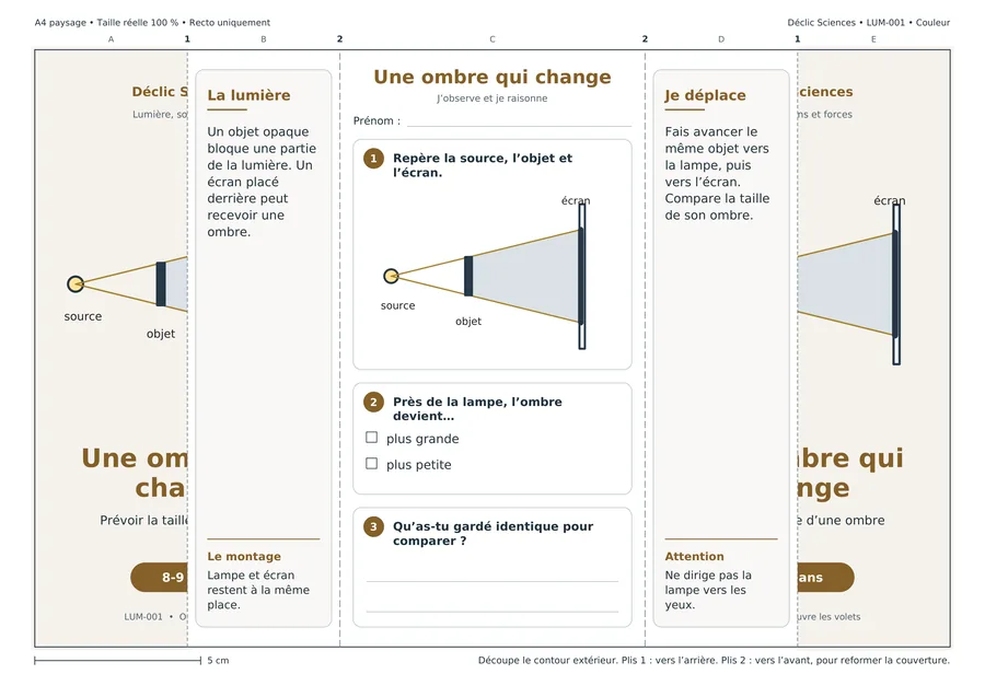 Une ombre qui change, fiche dépliée, en couleur.